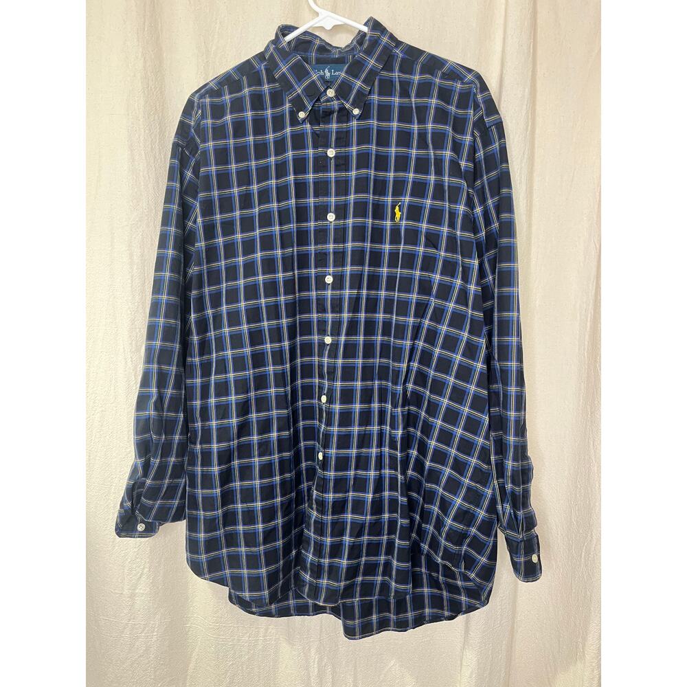 1990s Ralph Lauren Blake Yellow Blue Plaid Old Money Quiet Luxury Oxford Shirt L